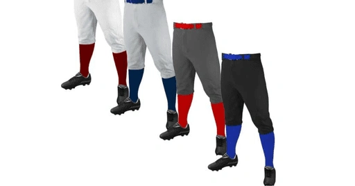 White Baseball Pants-The Essential Guide for Every Player 3 A lineup of baseball pants in various colors: white baseball pants, gray, and black, each paired with matching colored knickers and black cleats.