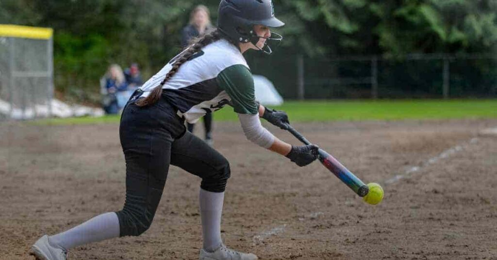 A softball player in mid-swing on a dirt field, showcasing the college baseball uniforms.