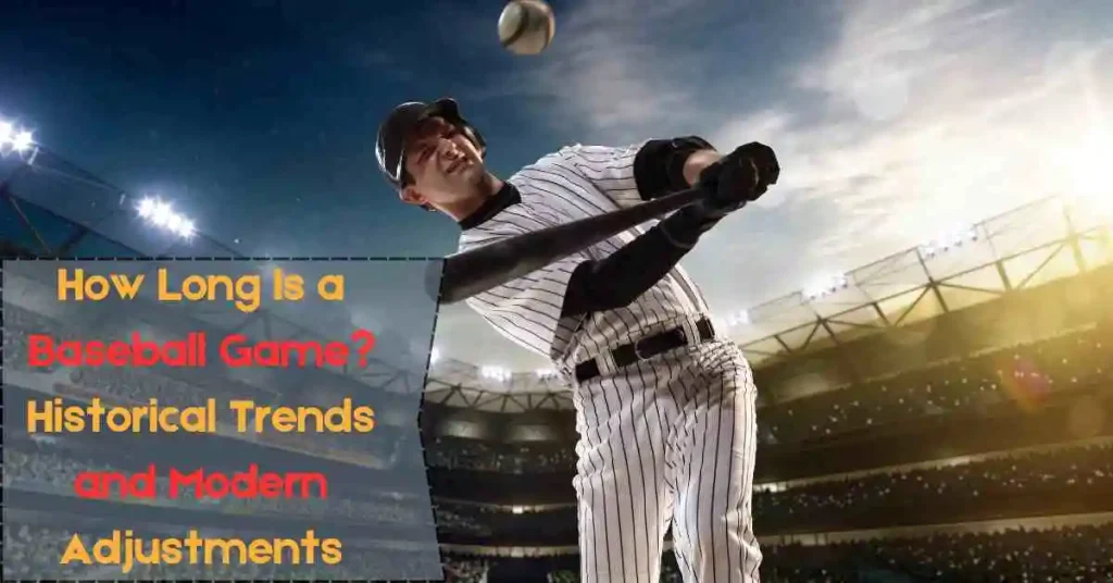 How Long Do Baseball Games Last? _ A Guide 1 A baseball player in a striped uniform swings a bat, with a dynamic stadium scene in the background and text discussing how long is baseball games.