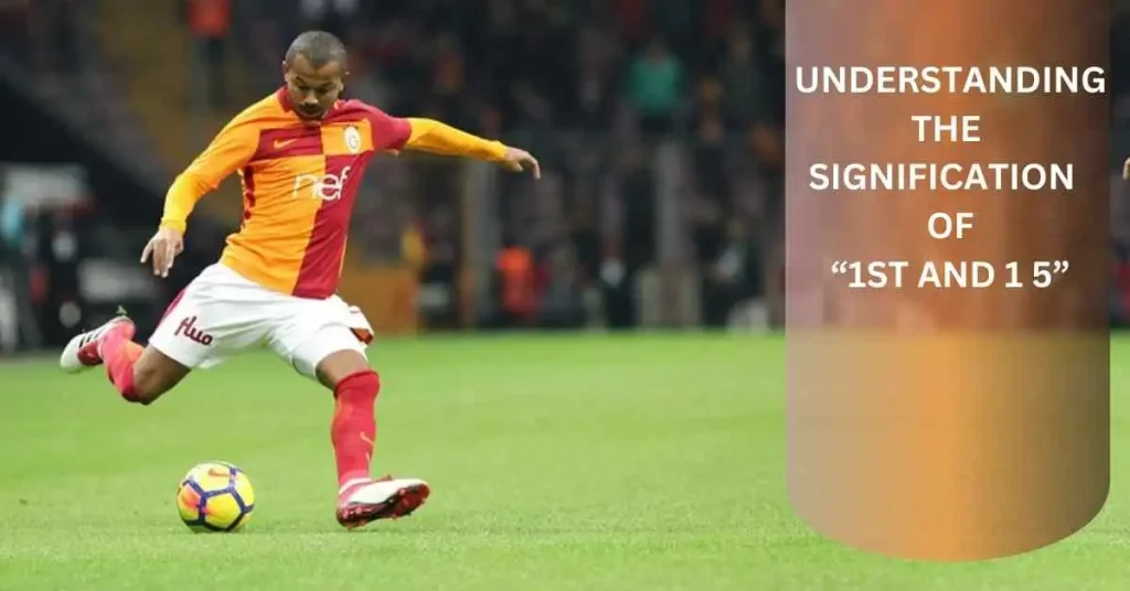 What Does 1st and 15 Mean in Football? A Football Guide 1 A player in a vibrant red and yellow soccer jersey kicks a ball on a green field, with a blurred crowd in the background, illustrating a concept similar to 'What Does 1st and 15 Mean in Football' in terms of game strategy and play execution.