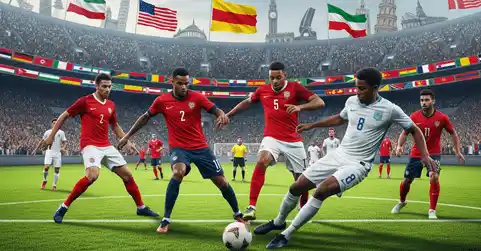 The Excitement and Drama of Football Games: What Makes Them So Special? 5 How long is a football game? Soccer players in red jerseys compete for the ball on a vibrant pitch, with international flags waving in an energetic stadium atmosphere.