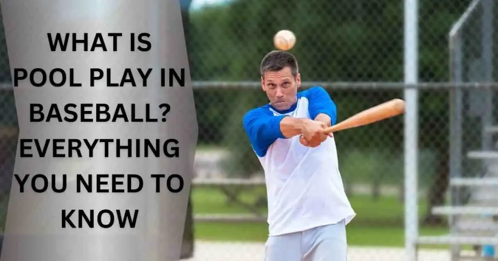 A man swinging a baseball bat at a ball during a game involving pool play in baseball