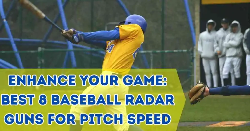 Best baseball radar guns capturing a baseball player in a yellow jersey swinging at a pitch, with a blurred figure preparing to throw in the foreground.