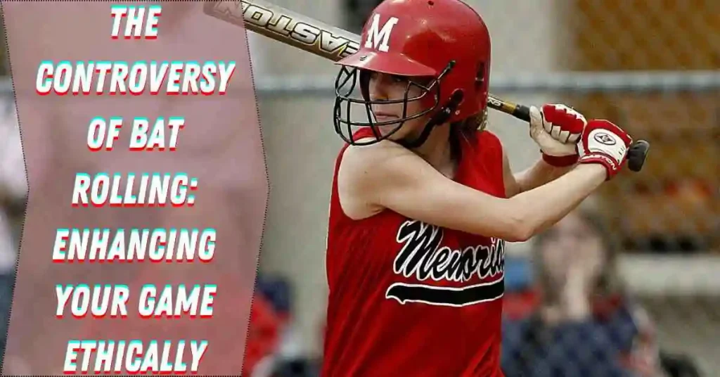 Bat Rolling.. What Is It, Benefits, Risks, and How It Works 1 A young player in a red softball jersey prepares to swing a bat, demonstrating the benefits of bat rolling, with a baseball field and spectators in the background.