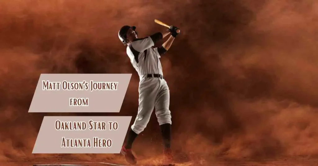 Matt Olson, a baseball player, holding a bat on top of a field.