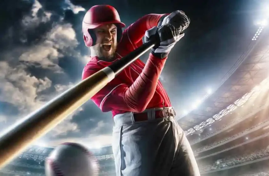 Baseball player holding a bat on top of a baseball field.
