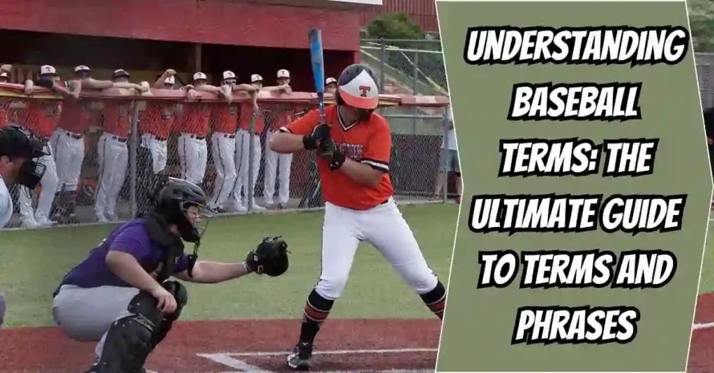 Baseball Terms and Their Importance 1 A baseball player in an orange uniform prepares to bat, while a catcher in black gear crouches behind home plate, with teammates visible in the background—illustrating common baseball terms in action.