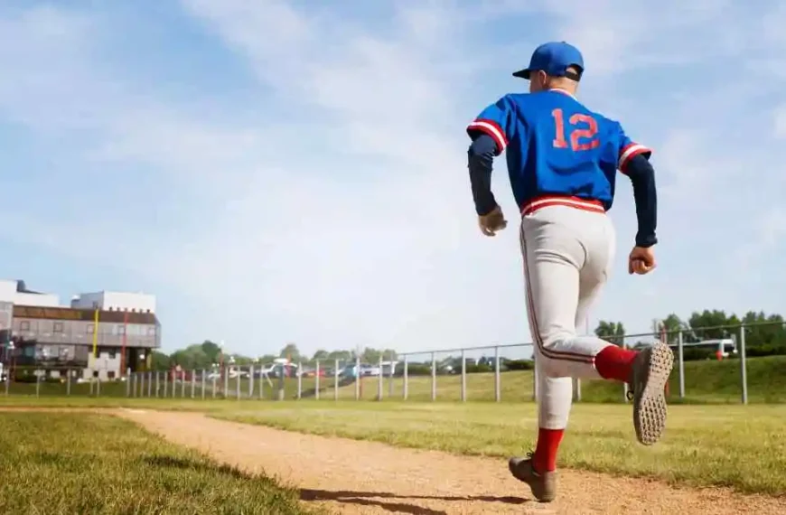A young baseball player in a blue jersey with the number 12 runs along a dirt path, heading towards a baseball field under a blue sky, representing the World Baseball Classic.