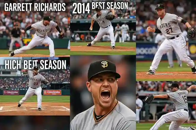 Garrett Richards- Is Richards Retired? 3 A collage showcasing Garrett Richards' pitching highlights from his 2014 best season, with dynamic action shots and bold text emphasizing Garrett Richards in peak form.