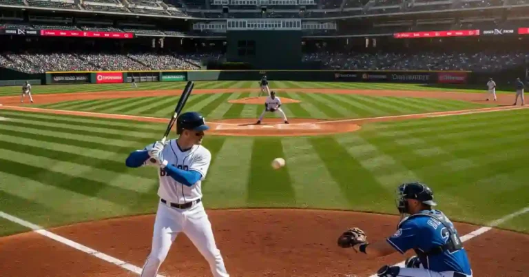 A Major League Baseball player readies to hit at home plate, while a pitcher prepares to throw from the mound, surrounded by a cheering crowd.