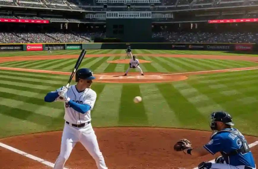 A Major League Baseball player readies to hit at home plate, while a pitcher prepares to throw from the mound, surrounded by a cheering crowd.