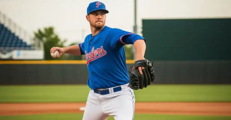 A baseball pitcher in a blue team jersey prepares to pitch, representing Baseball Probable Pitchers, standing on a well-maintained field under a cloudy sky.