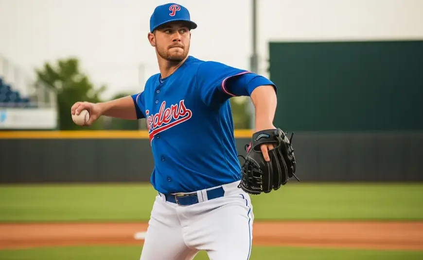 A baseball pitcher in a blue team jersey prepares to pitch, representing Baseball Probable Pitchers, standing on a well-maintained field under a cloudy sky.