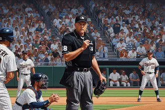 Major League Baseball (MLB)- How it Came to Be, How it Works, and What You Need to Know 1 A baseball umpire stands with hand raised in a packed stadium during a Major League Baseball game, while players await his call. The atmosphere is tense and competitive.