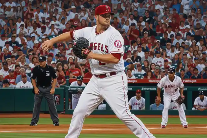Garrett Richards- Is Richards Retired? 2 Garrett Richards, a baseball pitcher in an Angels uniform, winds up to throw the ball, with a crowded stadium and teammates in the background.