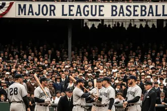 Major League Baseball (MLB)- How it Came to Be, How it Works, and What You Need to Know 2 Historic baseball scene with players in gray uniforms, gathered before a large crowd under a Major League Baseball sign, capturing a moment from the early days of Major League Baseball.